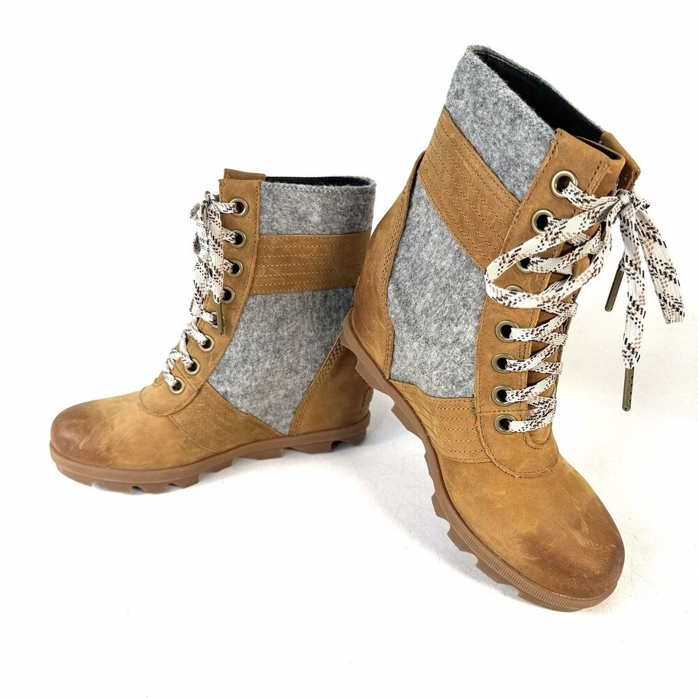 Sorel Lexie Wedge Boots Wool Felt Camel Leather NL3376-224 Women's Size 8.5